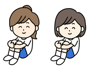 笑顔で座る女の子たちのイラスト