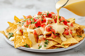 nice snack or finger food with tortillas or nachos with a floating spicy hot and cheesy cheese sauce and tomatoes, tortilla chips salad