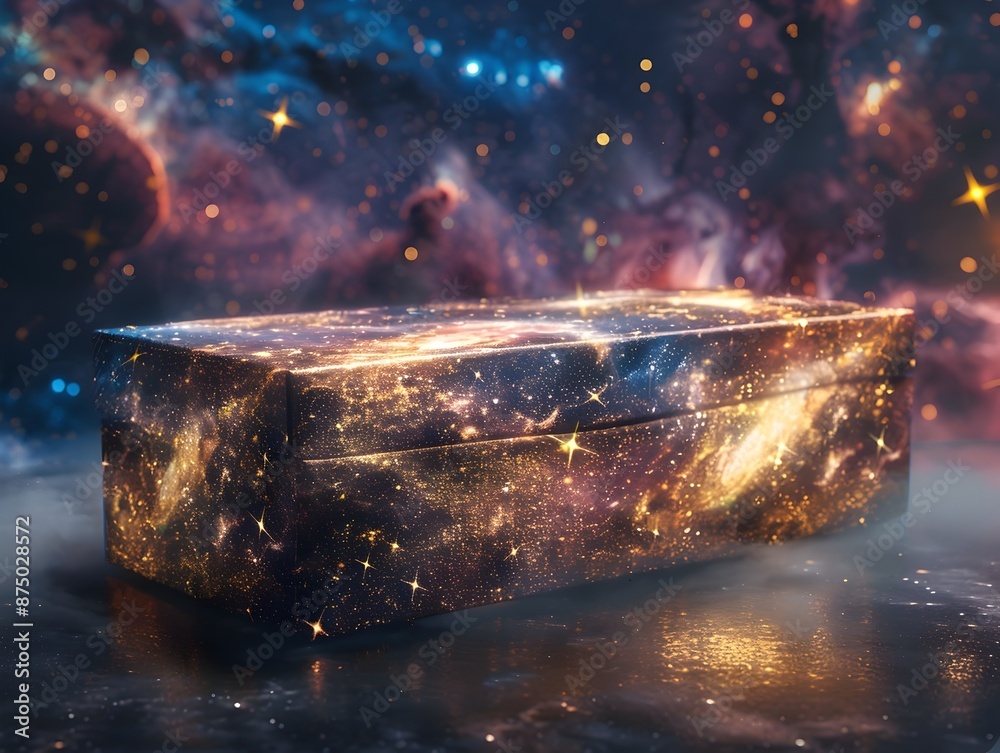 Sticker captivating cosmic parcel intergalactic container with stellar design and galactic backdrop