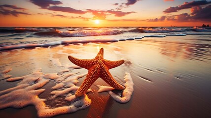 Fototapeta na wymiar Starfish on the beach in the sea. selective focus. Generative AI,
