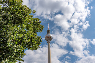 Fototapeta premium A tall tower with a green tree in the background. The sky is cloudy and the sun is shining