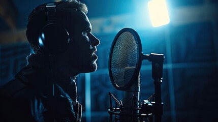 Podcaster adjusting a pop filter in front of a high-end microphone before recording