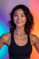 Fototapeta premium Closeup portrait of a smiling woman with dark hair, wearing a black sports bra, against a colorful background