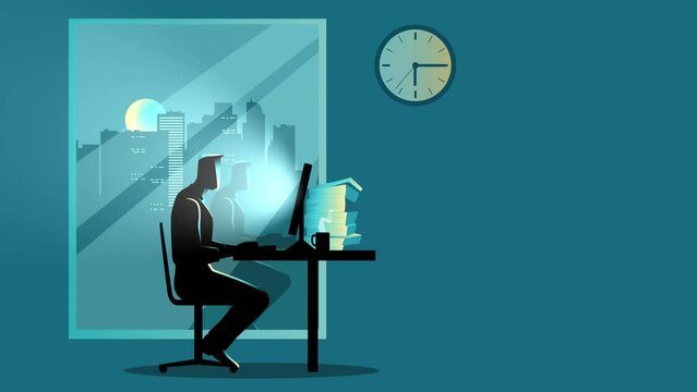 Motion graphic of a man working on a computer for 24 hours, with a cityscape visible through the window. It symbolizes dedication, hard work, and the modern work environment.