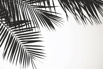 Black palm leaf silhouette on white background with copy space, tropical plant and summer concept design in the style of tropical plant and summer.



