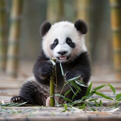 Fototapeta premium Baby panda with a bamboo shoot ,isolate ,minimal, simple background