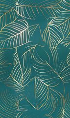Seamless pattern: A teal and gold leaf pattern wallpaper, with each leaf outlined in delicate lines of shimmering metallic foil
