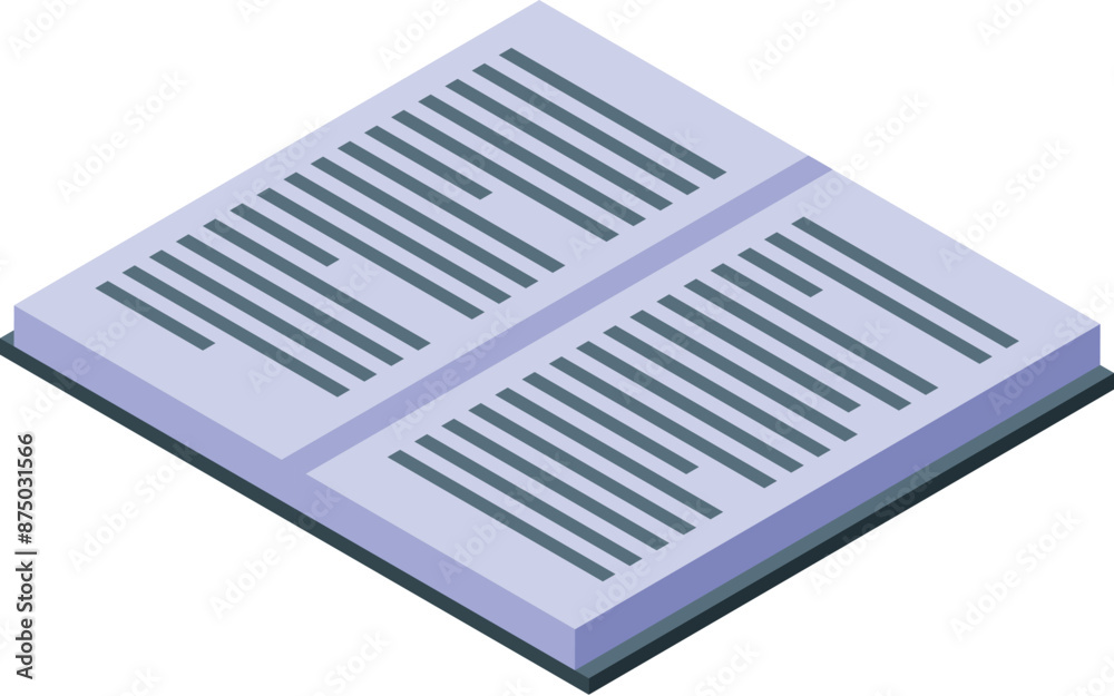 Poster open book is lying down with pages open displaying neat text in an isometric view