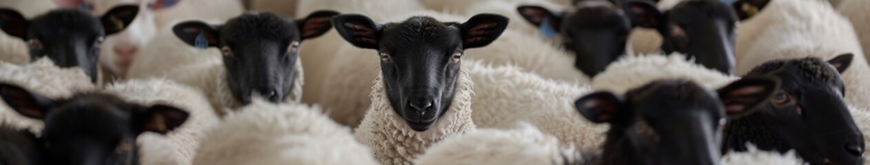 Naklejka premium Black Sheep Among White Sheep in a Pasture, Highlighting the Concept of Individuality and Uniqueness in a Group, Perfect for Themes of Diversity and Nonconformity