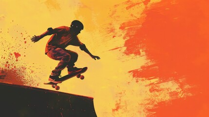 Naklejka premium A skateboarder is in mid-air, performing a trick on a ramp, summer Olympics