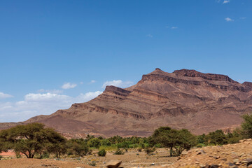 Draa Valley landscape with desert, oasis, village and mountain in Morocco - North Africa