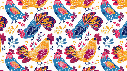 Naklejka premium Cute pattern with colorful colorful poultry birds