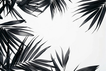 Black palm leaf silhouette on white background with copy space, tropical plant and summer concept design in the style of tropical plant and summer.


