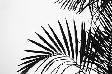 Obraz premium Black palm leaf silhouette on white background with copy space, tropical plant and summer concept design in the style of tropical plant and summer.