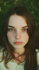 Obraz premium Young woman with long brown hair looks directly at the camera