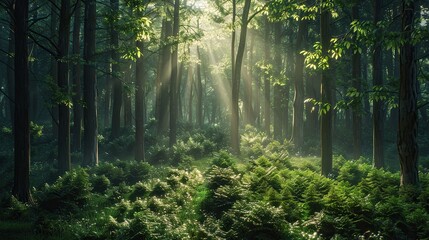 Fototapeta premium Misty Green Forest CanopyDescription: Lush green forest canopy bathed in sunlight and mist, creating a serene and tranquil atmosphere. Environment.