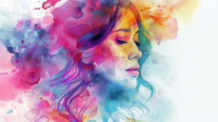 A vibrant watercolor portrait of a woman with flowing hair and abstract background elements