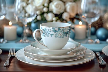 Fototapeta premium Elegant table setting featuring delicate chinaware and soft candlelight ambiance.