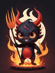 Generative AI. Devil Holding A Pitchfork With Flame Background. T-shirt Design