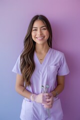 Young female dentist in purple scrubs holding dental tools