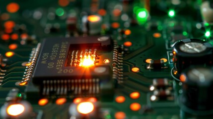 Close-up of a glowing electronic circuit board.