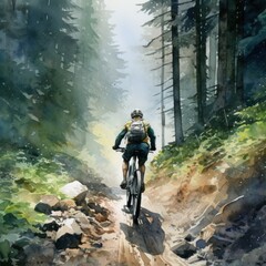 A man is riding a bike down a rocky path in the woods, summer Olympics