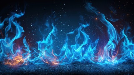 Blue fire and flames on a black background, striking contrast, illustration background