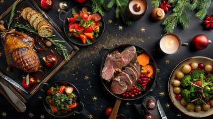 A Christmas dinner table with roasted turkey, ham, side dishes, and candles