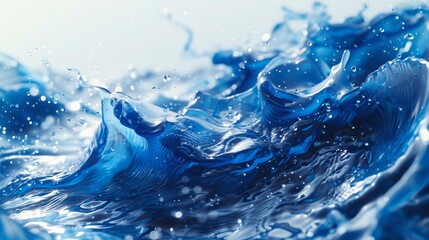 In an abstract art design, vibrant blue paint waves and splashes on a white background, producing dynamic energy and flowing motion.
