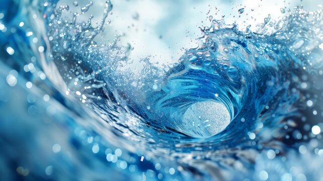 vivid blue tones are used in this dynamic abstract artwork that depicts a spinning water vortex, effectively portraying the force and fury of nature.