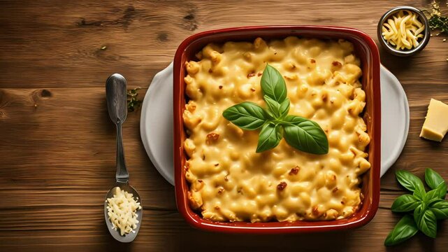 Baked mac and cheese in red dish with basil and spoon. National Mac & Cheese Day