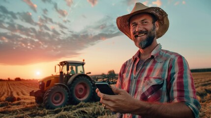 smiling smart farmer using smartphone and tractor at harvesting, Modern agriculture with technology and machinery concept