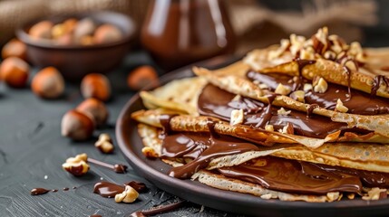 Crepes with chocolate sauce and hazelnuts on a plate