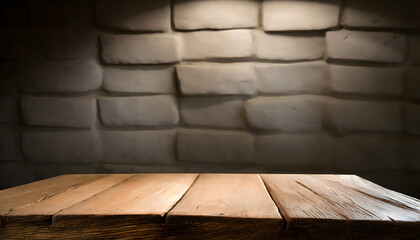 Old wood table with blurred concrete block wall in dark room background. Generative AI.