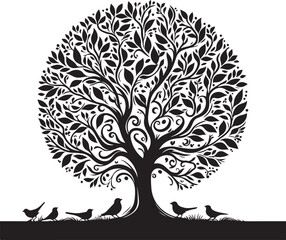 Obraz premium illustration tree with leaves and birds silhouette ,vector black color silhouette
