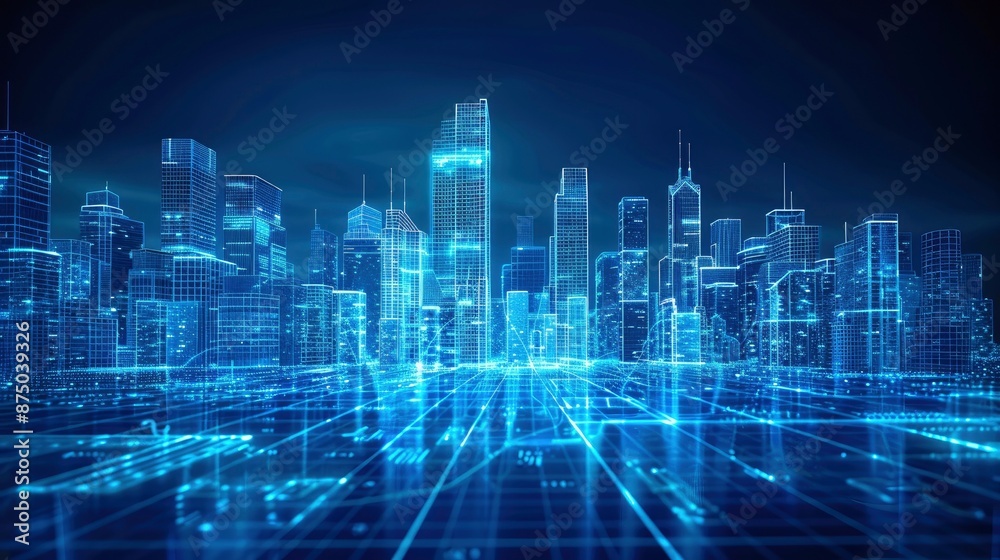 Wall mural a futuristic cityscape rendered in digital wireframes, showcasing the integration of building inform