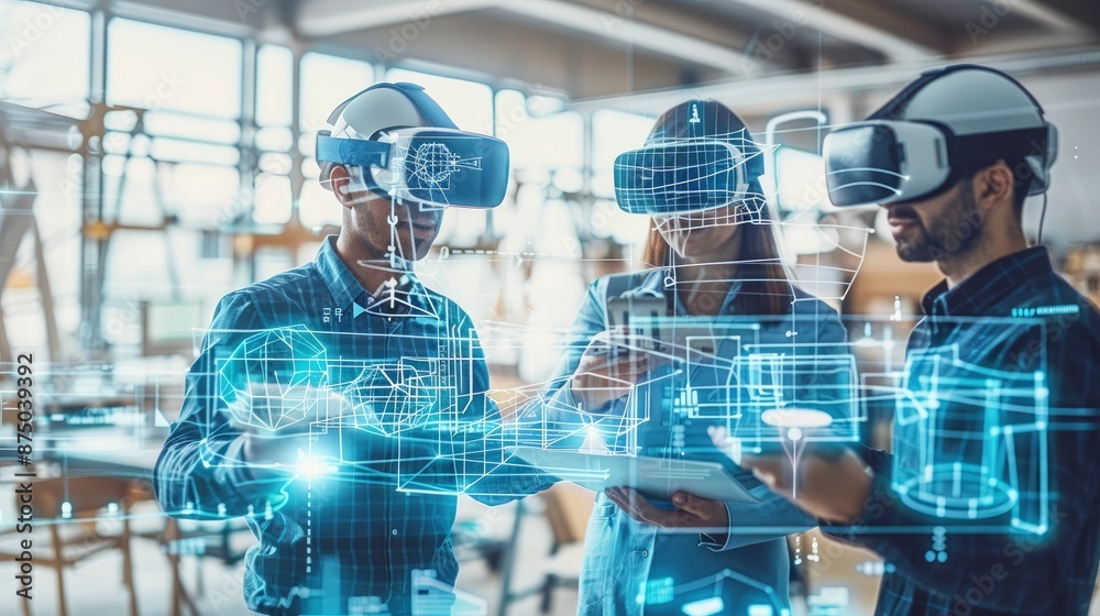 Wall mural a team of engineers collaborating on a digital blueprint using bim, surrounded by virtual reality he