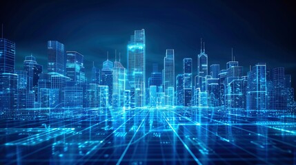 A futuristic cityscape rendered in digital wireframes, showcasing the integration of Building Information Modelling (BIM) technologies