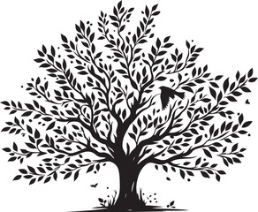 illustration tree with leaves and birds silhouette ,vector black color silhouette