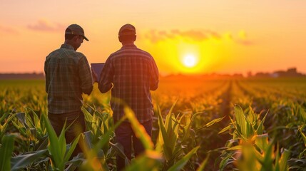 Happy two smart farmer holding a tablet inspecting walking through the corn field, sunset scene
