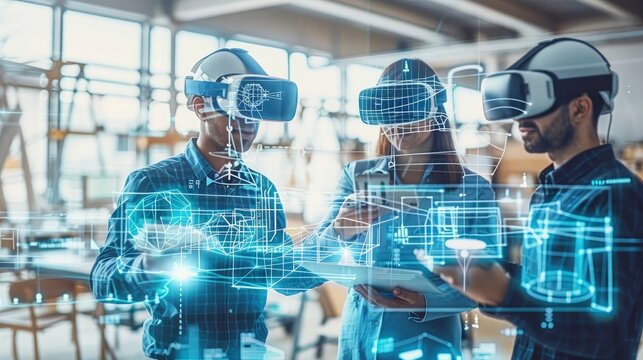 A team of engineers collaborating on a digital blueprint using BIM, surrounded by virtual reality headsets and digital tablets