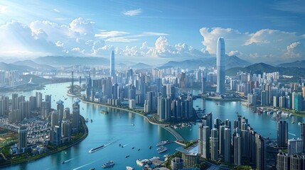 An aerial view of a city skyline transformed by BIM, showcasing enhanced urban planning and infrastructure development