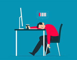 Tired employee exhausted with working. Vector illustration in a flat style