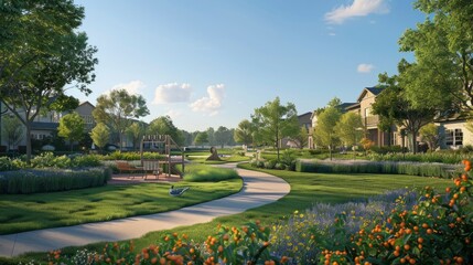 Obraz premium A digital rendering of a residential neighborhood designed with BIM, featuring sustainable housing solutions and community spaces
