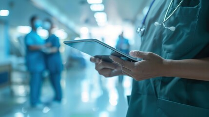 Fototapeta premium Doctor working on digital tablet on hospital background, Healthcare medicine, Medical and technology concept