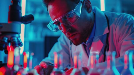 Doctor with medical tubes laboratory for research pharmaceutical with blood cells with neon light