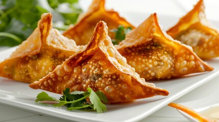 Four golden-brown wontons on a white plate, garnished with fresh parsley