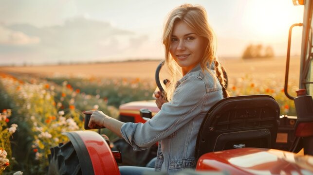 A young beautiful woman female farmer driving tractor in countryside field