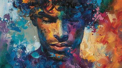 A contemplative black man with closed eyes, immersed in colorful artistic surroundings, reflecting deep thought and emotion through vivid visual expression