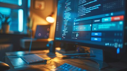 Close-up of a Computer Screen with Blue Light and Keyboard.